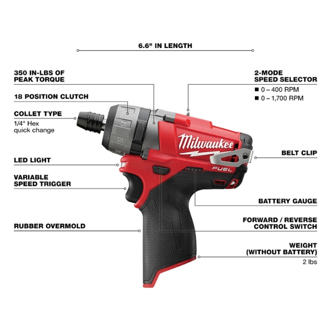 Milwaukee 2402-20 M12 FUEL 1/4" Hex 2-Speed Screwdriver - Tool Only - Image 2