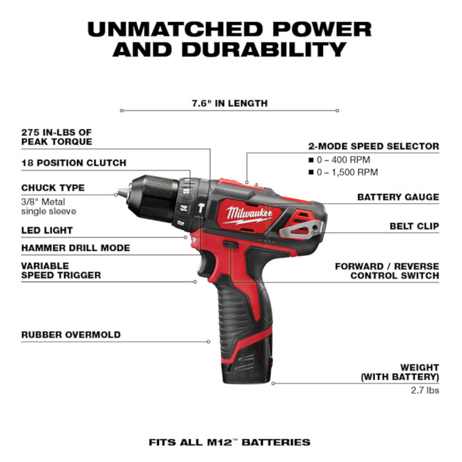 Milwaukee 2408-22 M12 3/8" Hammer Drill/Driver Kit - Image 2