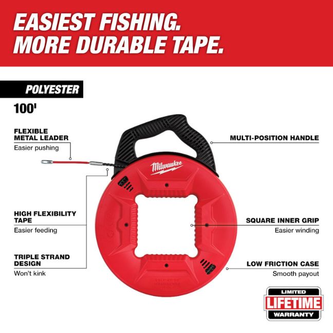 Milwaukee 48‐22‐4195 100ft Polyester Fish Tape with Flexible Metal Leader - Image 2