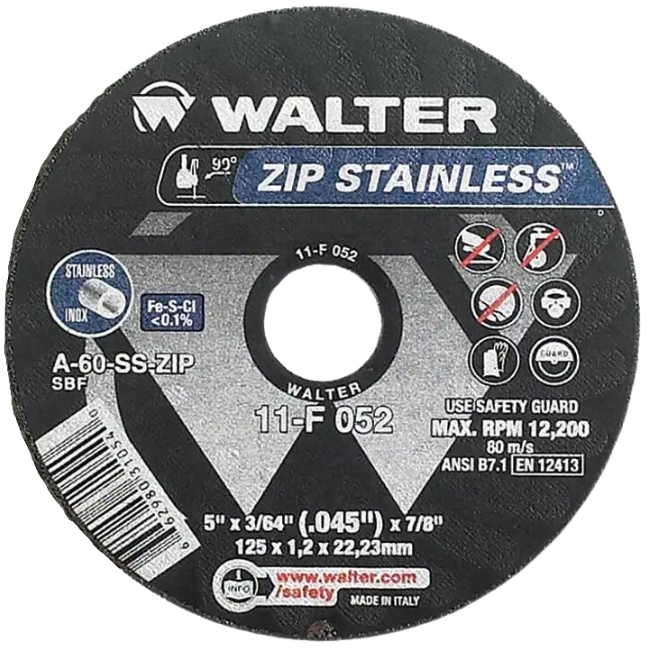 Walter 11F052 ZIP Stainless Cut-Off Wheel 5" x 3/64" x 7/8" Type 1