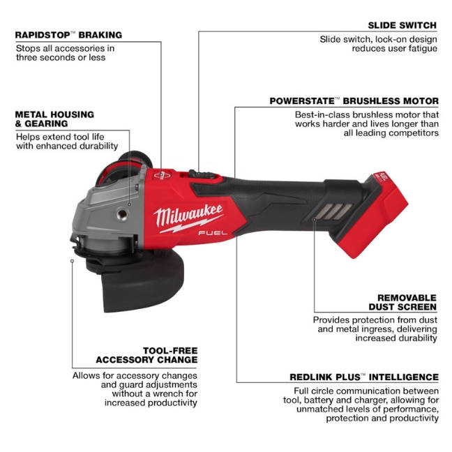 Milwaukee 2881-20 M18 FUEL 4-1/2" - 5" Grinder with Slide Switch, Lock-On - Tool Only - Image 2