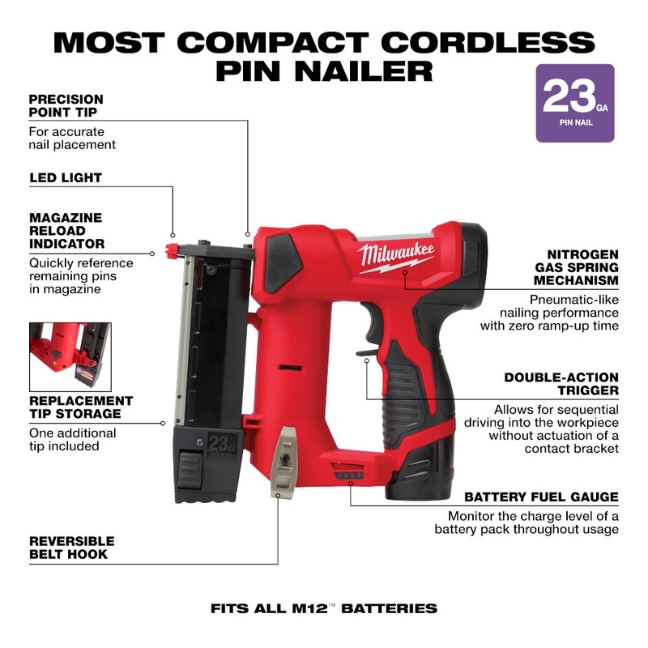 Milwaukee 2540-21 M12 23 Gauge Pin Nailer Kit - Image 3