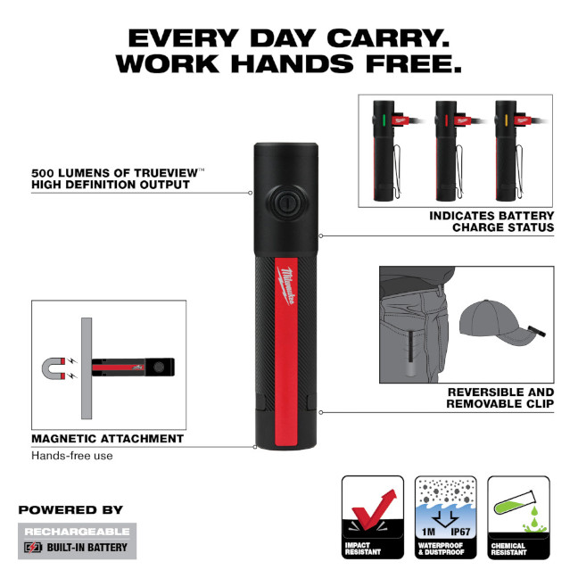Milwaukee 2011R Rechargeable 500 Lumens Everyday Carry Flashlight with Magnet