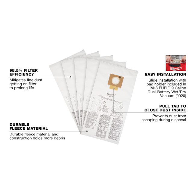 Milwaukee 49-90-1989 9 Gallon Wet/Dry Vacuum Fleece Dust Bag - 5Pk