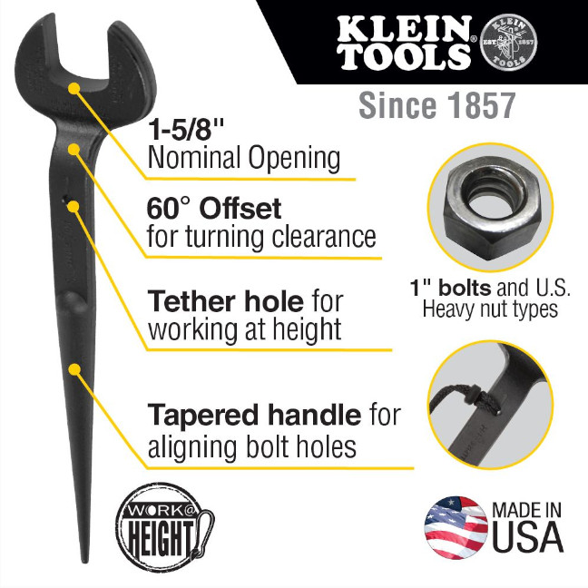 Klein 3214TT Spud Wrench with Tether Hole 1-5/8" Nominal Size for 1" U.S. Heavy Nuts