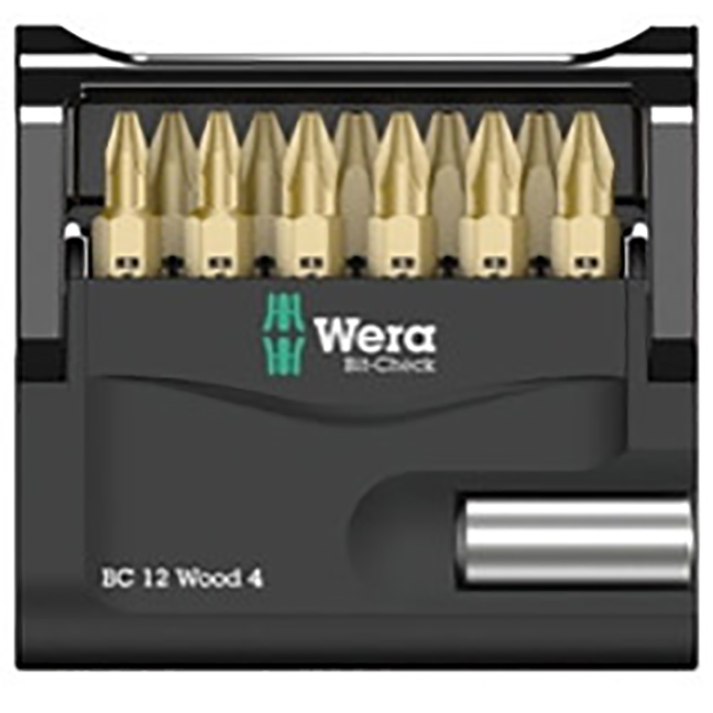 Wera 136389 Carded Bit Check Wood 4 with 11 PH1 x 1" Driver Bits & 1 Bit Holder