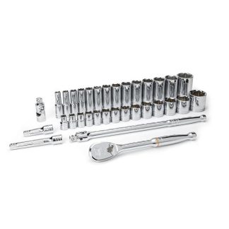 GearWrench 80715 Drive 6 Point Standard and Deep SAE Mechanics Tool Set 33-Piece