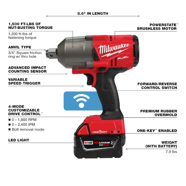 Milwaukee 2864-22R M18 FUEL 3/4" High Torque Impact Wrench with Friction Ring with ONE-KEY Kit