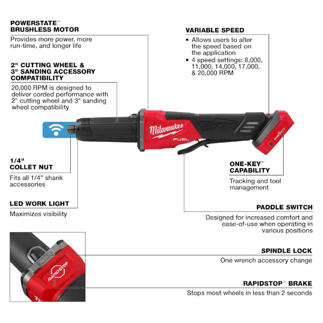 Milwaukee 2939-20 M18 Braking Die Grinder with Slide Switch and ONE-KEY-Tool Only - Image 2