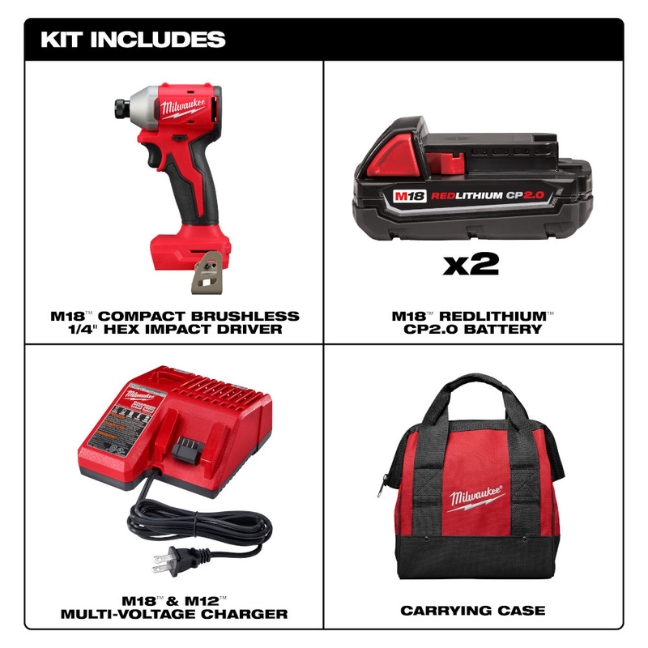 Milwaukee 3650-22CT M18 1/4" Brushless Compact Hex Impact Driver Kit