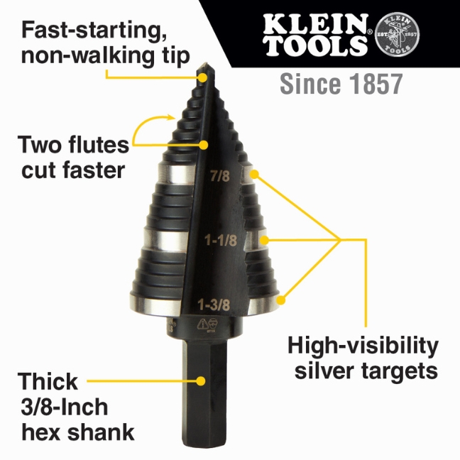 Klein KTSB03 #3 1/4" to 3/4" Double Fluted Step Drill Bit - Image 2
