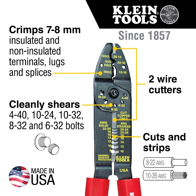 Klein 1001 6-in-1 Multi-Purpose Stripper / Crimper / Wire Cutter for 8-22 AWG - Image 2