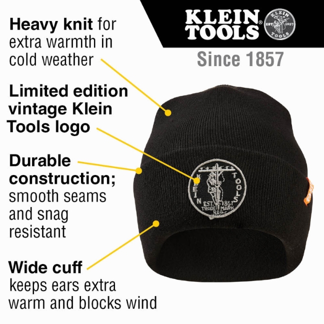 Klein 60388 Black Heavy Knit Hat with Vintage Patch Logo - Image 2