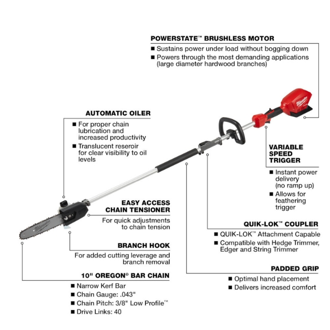 Milwaukee 2825-20PS M18 FUEL 10" Pole Saw with QUIK-LOK Attachment Capability - Tool Only - Image 2