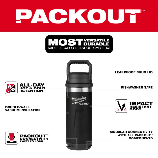 Milwaukee 48-22-8382B PACKOUT 18oz Insulated Bottle with Chug Lid - Black - Image 2