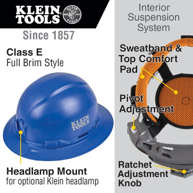 Klein 60249 Non-Vented Class-E Full Brim-Style Hard Hat - Blue - Image 2